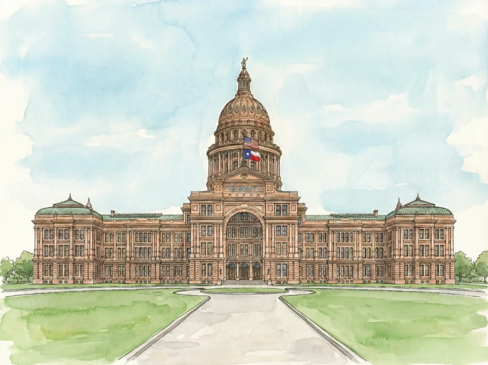 Watercolor illustration of the Texas State Capitol in Austin, from Celine Carlson’s field guide